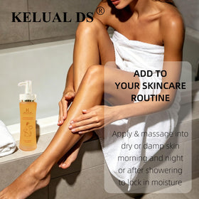 KELUAL DS bottle shown next to a hand for scale, clarifies 120ml size and travel-friendly benefit