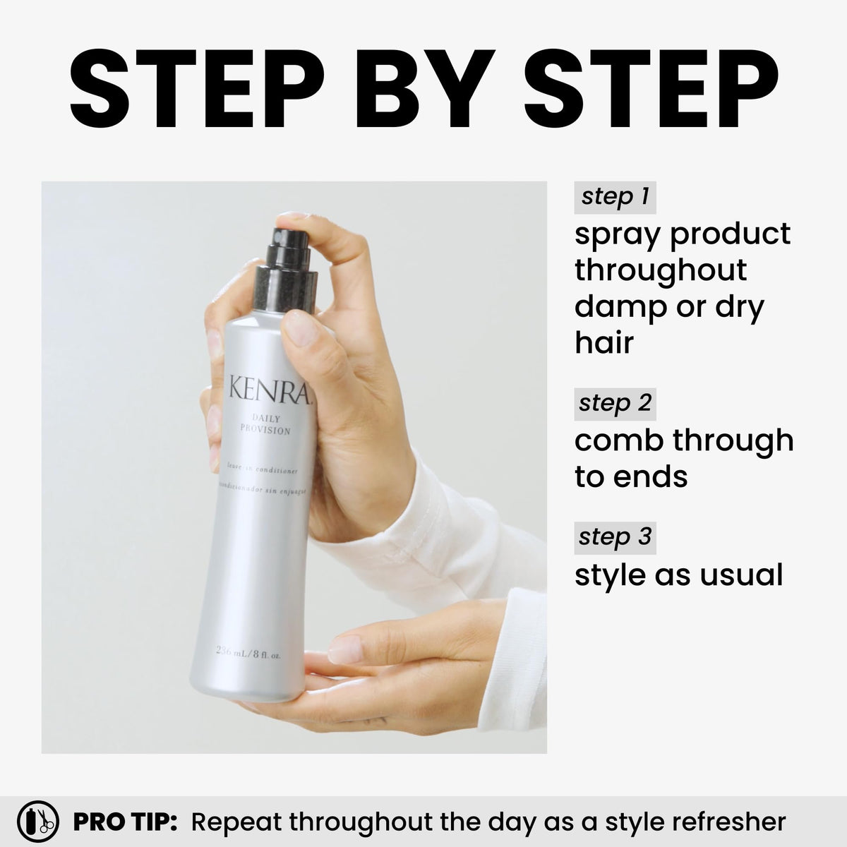 Kenra daily provision light texture mist close-up showing non-greasy finish