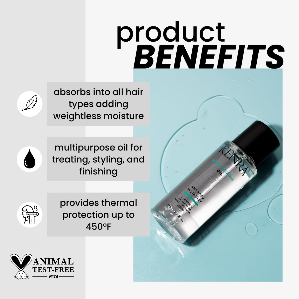 Kenra oil texture pouring from bottle to highlight lightweight, fast-absorbing formula