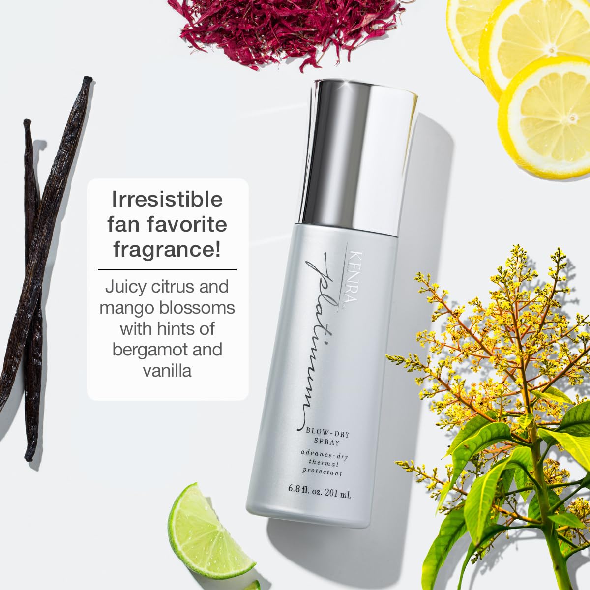 Kenra label detail highlighting ingredients and heat protection benefit