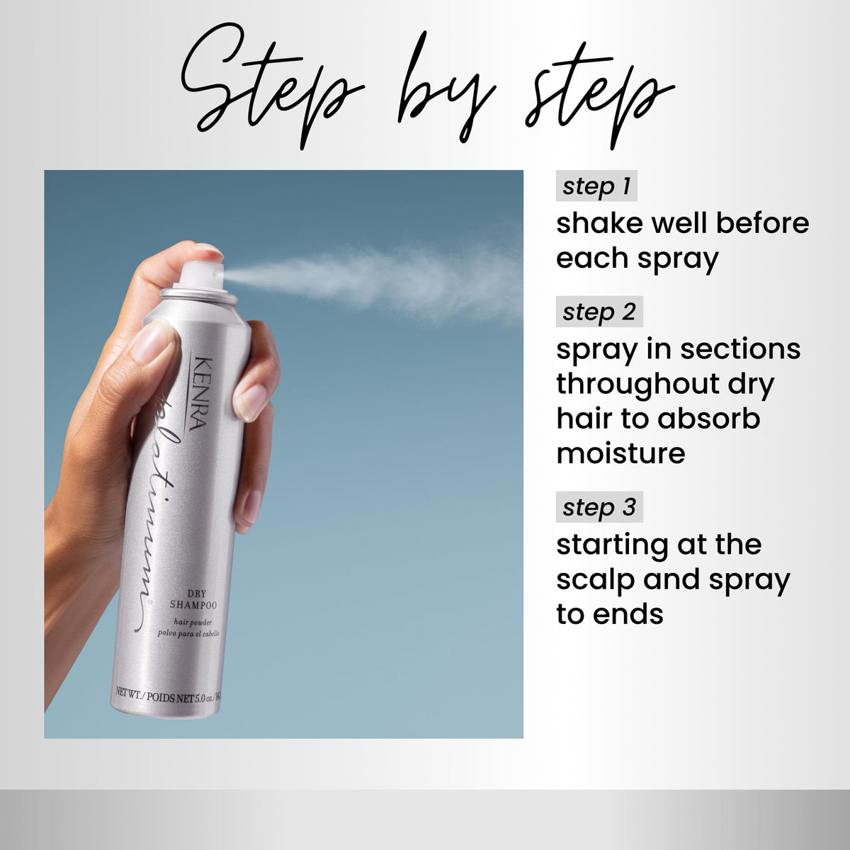 Kenra spraying roots during application demonstrating instant mattifying benefit
