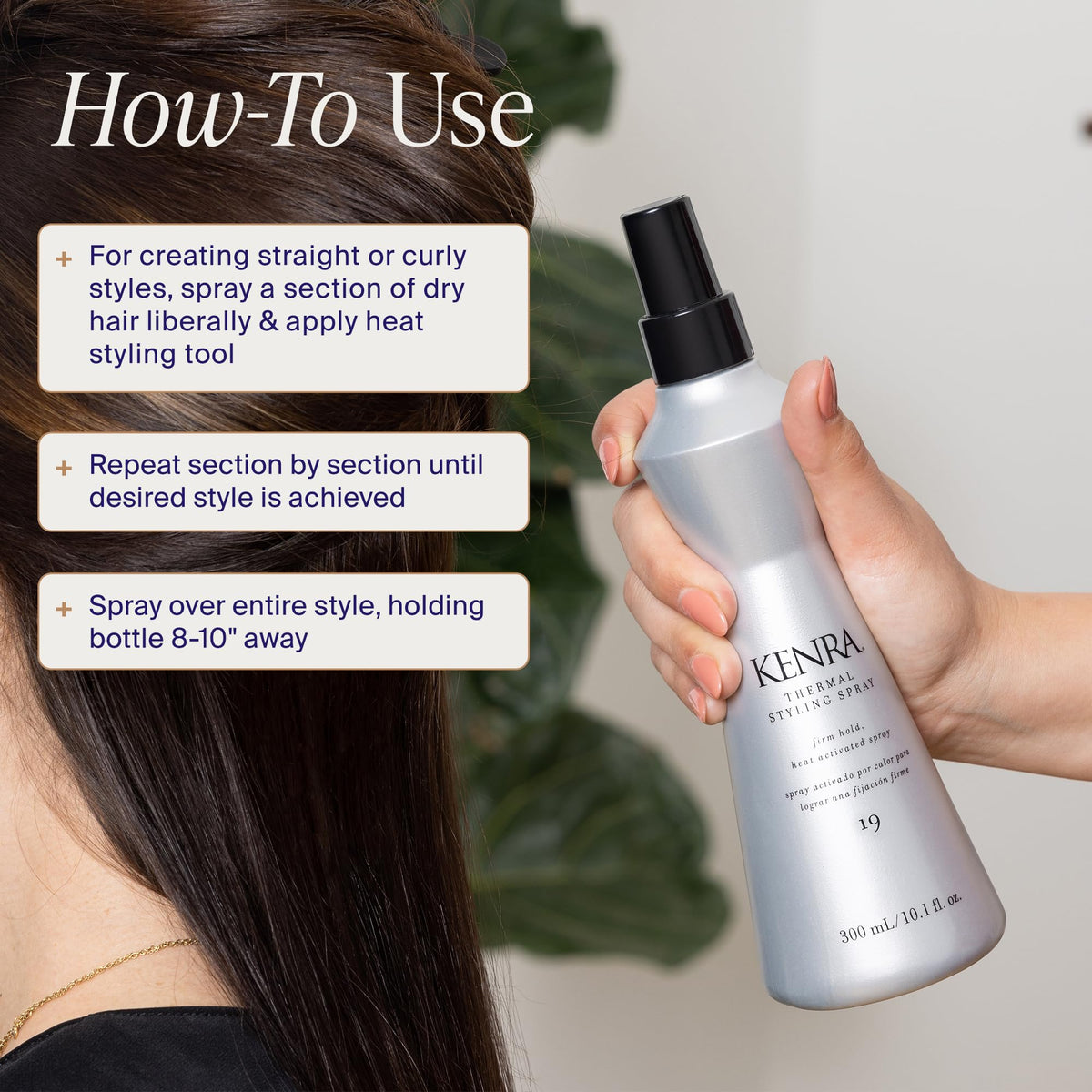 Kenra bottle beside a ruler showing the 10 fl oz size for purchase clarity