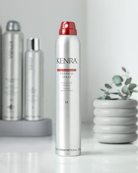 Kenra being applied before flat iron to show heat protection benefit