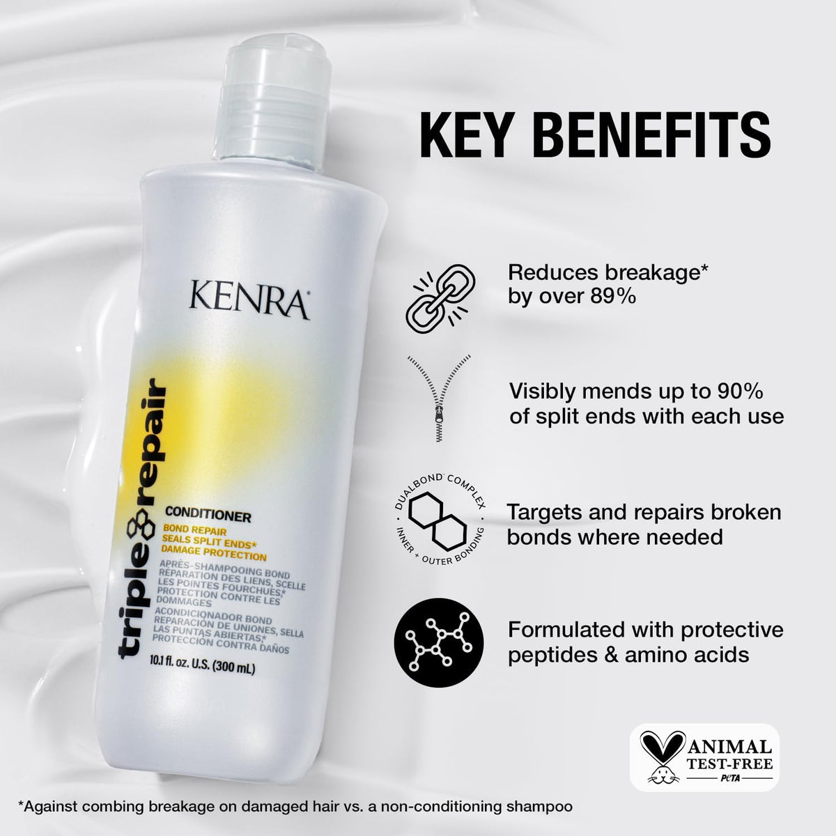 Kenra 10.1 fl oz bottles next to a hand for size and portability benefit