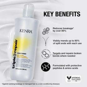 Kenra 10.1 fl oz bottles next to a hand for size and portability benefit