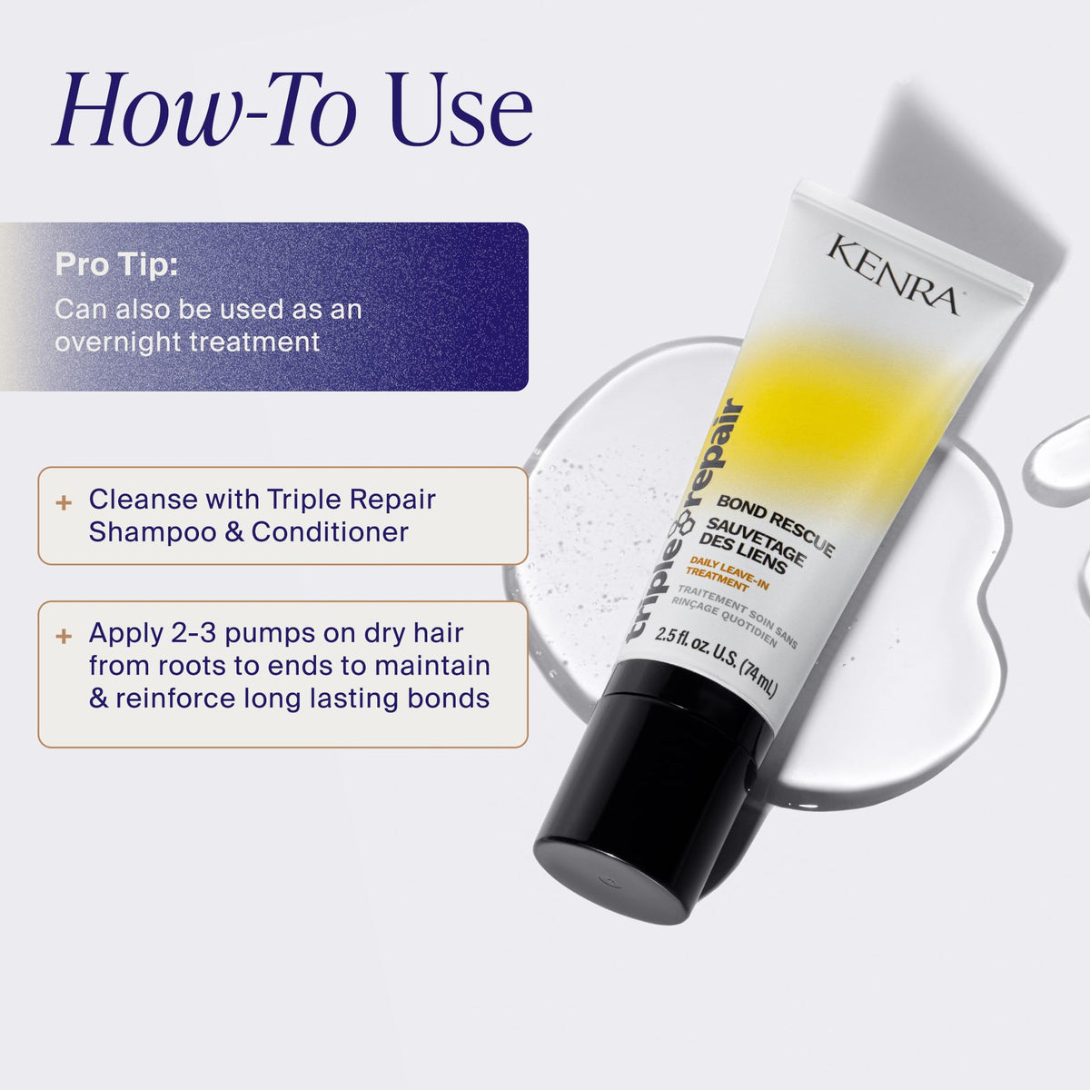 Kenra Triple Repair being applied to damp hair mid-lengths, reduces breakage and tangles