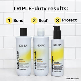 Kenra size comparison with a hand showing 6.5 fl. oz. convenience and value