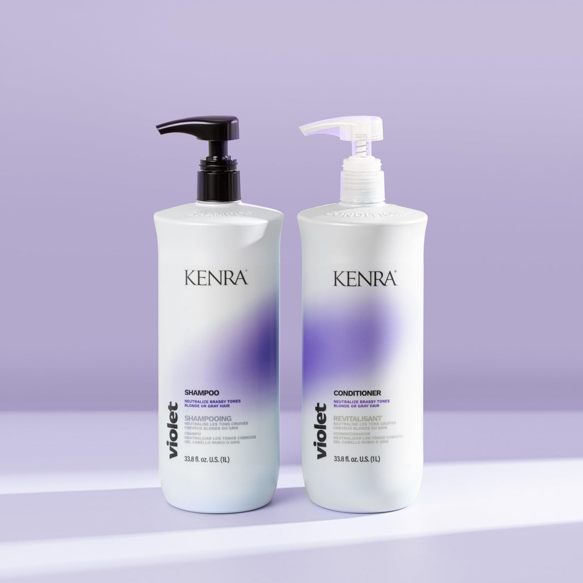 Kenra shampoo in shower being applied to blonde hair for toning effect