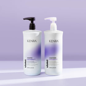 Kenra shampoo in shower being applied to blonde hair for toning effect