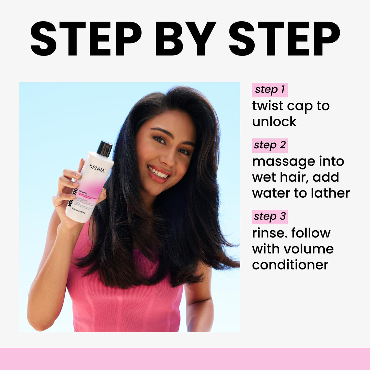 Kenra volume shampoo held in hand showing 10.1 fl oz scale and convenience