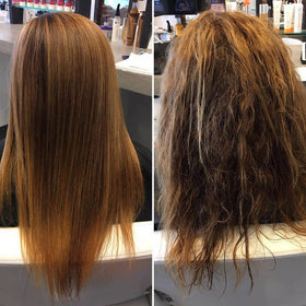 Kera in-use application on a hair strand demonstrating frizz control