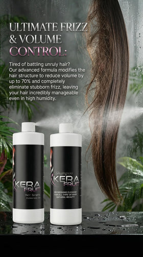 KERA FRUIT before and after split showing reduced frizz and sleeker hair look