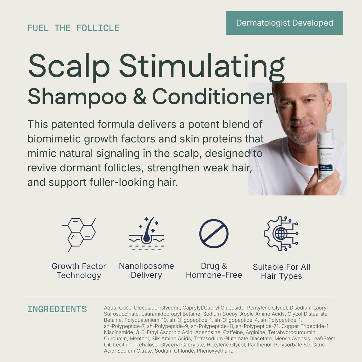 KeraFactor label closeup highlighting formulation details and dermatologist-developed trust