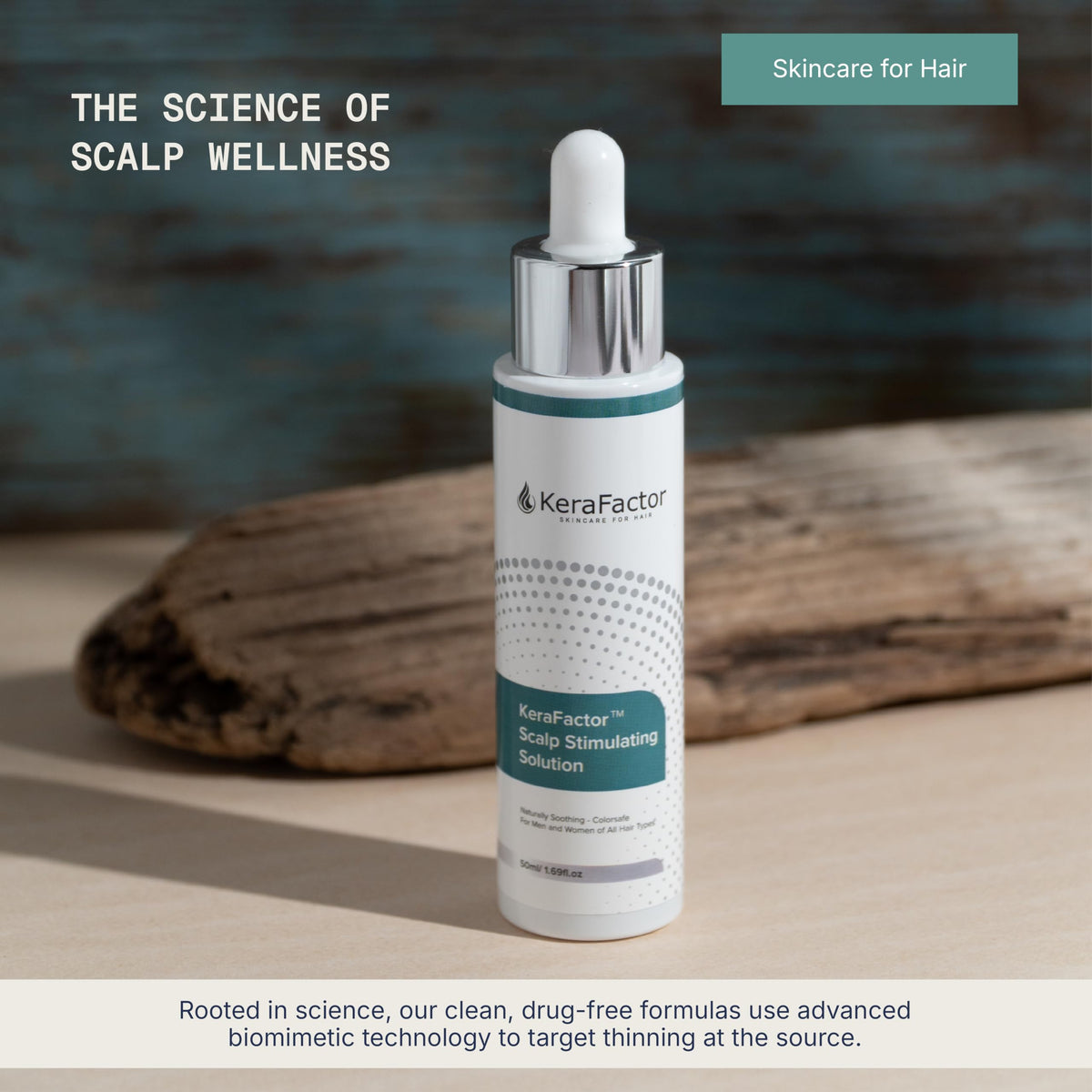 KeraFactor bottle next to ruler for scale showing 50 ml size clarity and travel-friendly benefit