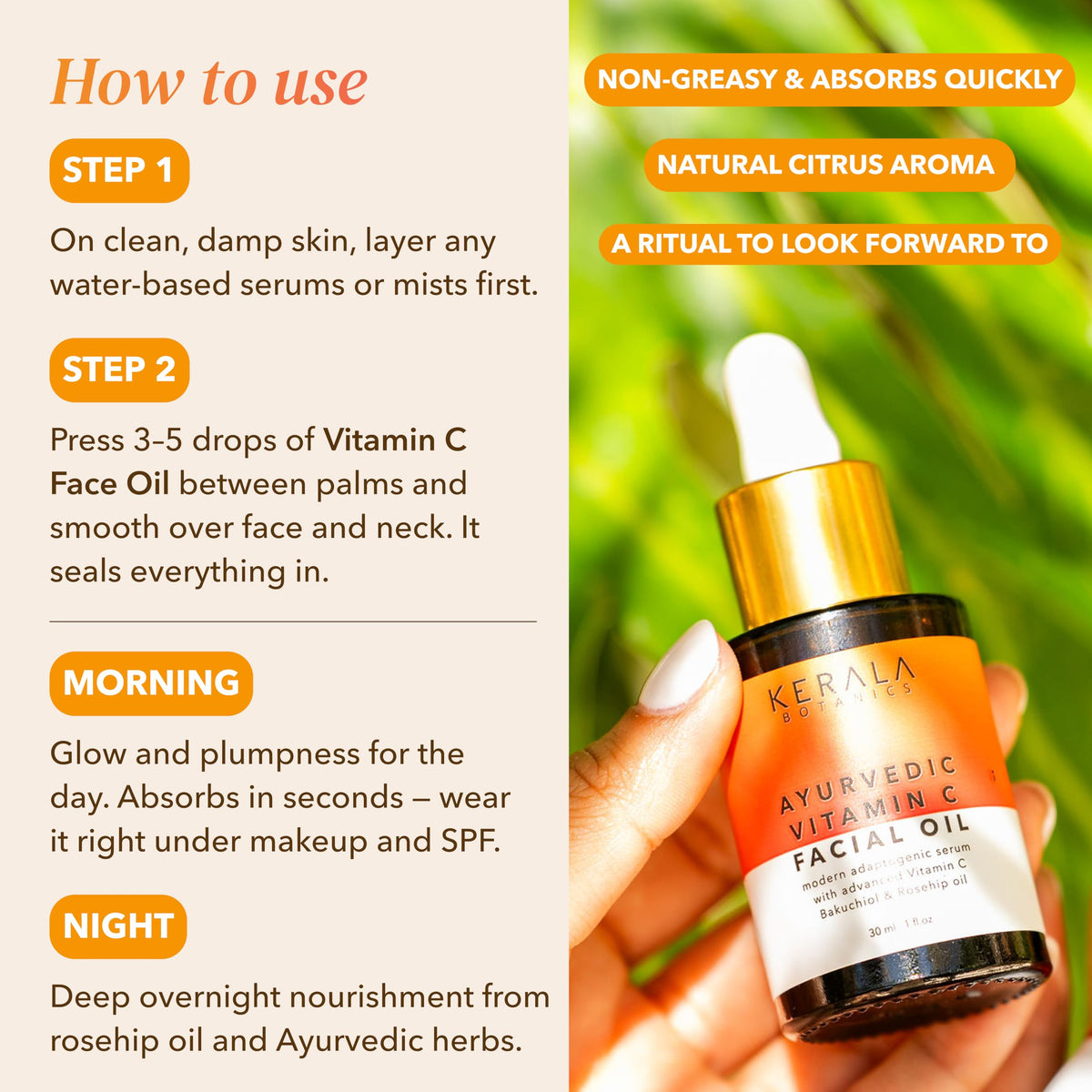 kerala botanics in hand scale demonstrates 1 fl oz size and travel-friendliness