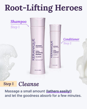 Keranique lather on wet hair demonstrating gentle cleansing benefit