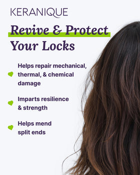 Keranique conditioner pour texture illustrating creamy consistency and smoothing benefit