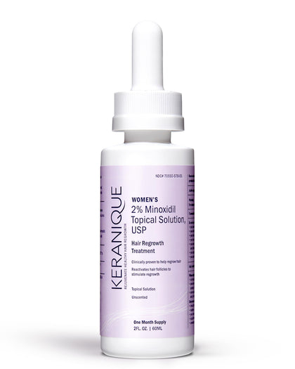 Keranique dropper front packaging shows brand and product benefits