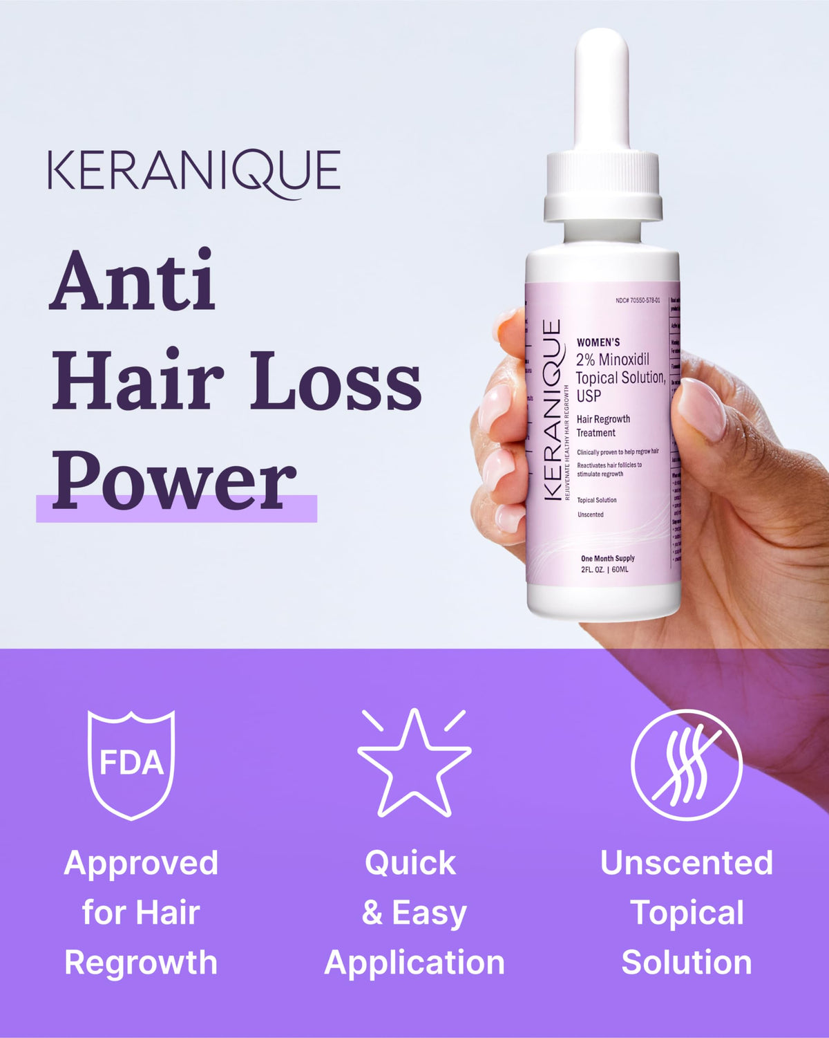 Keranique label detail highlighting 2% minoxidil strength and instructions
