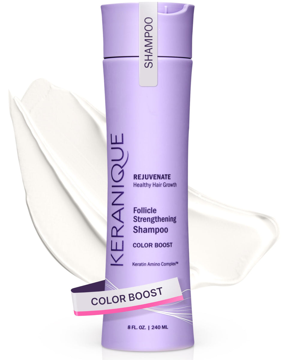 Keranique front bottle showing Color Boost Shampoo protects color
