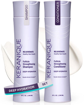 Keranique front packaging showing shampoo and conditioner for hydration and volume