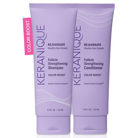 Keranique front packaging showing shampoo and conditioner protecting color