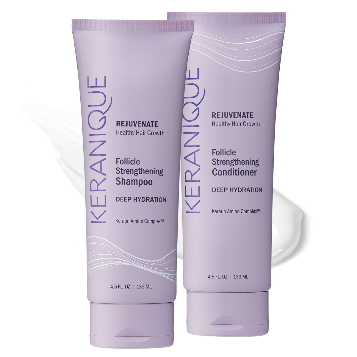 Keranique front packaging showing shampoo and conditioner and clear moisturizing benefits