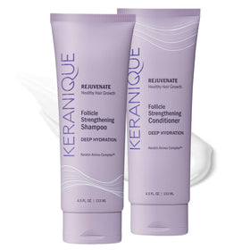 Keranique front packaging showing shampoo and conditioner and clear moisturizing benefits