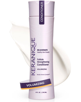 Keranique front packaging shows volumizing conditioner for fuller hair