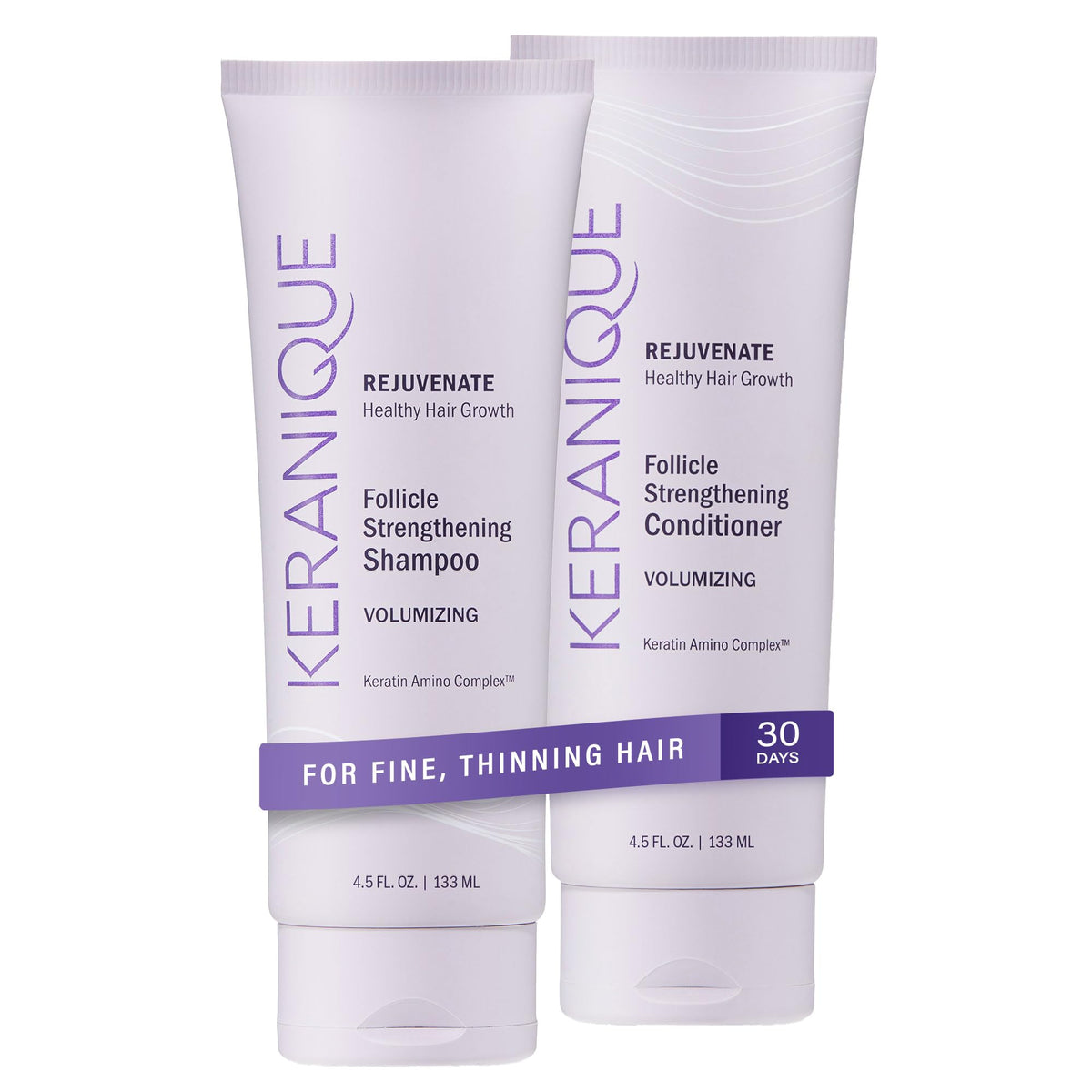 Keranique front packaging showing volumizing set and fuller-hair benefit