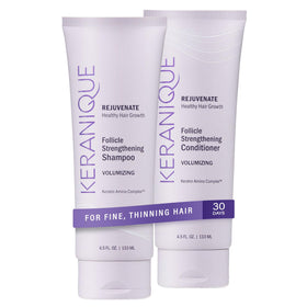 Keranique front packaging showing volumizing set and fuller-hair benefit