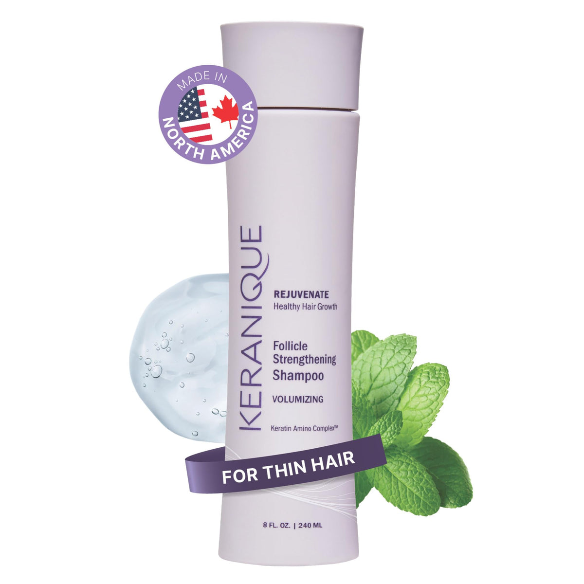 Keranique front packaging shows volumizing shampoo for fuller hair