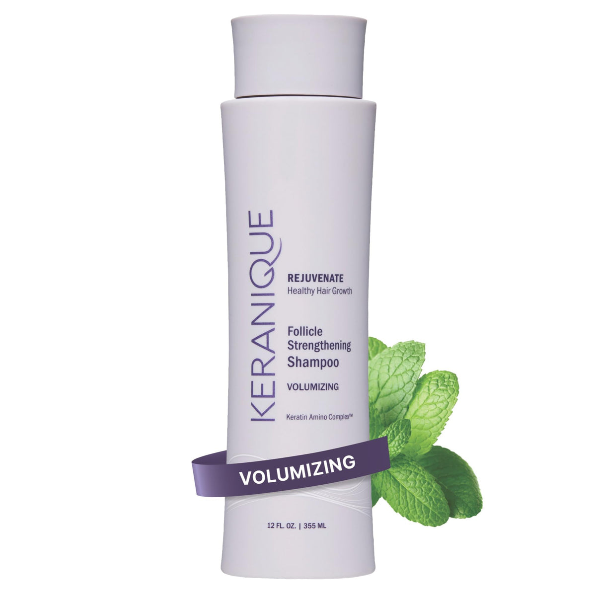 Keranique front packaging showing volumizing shampoo and benefits
