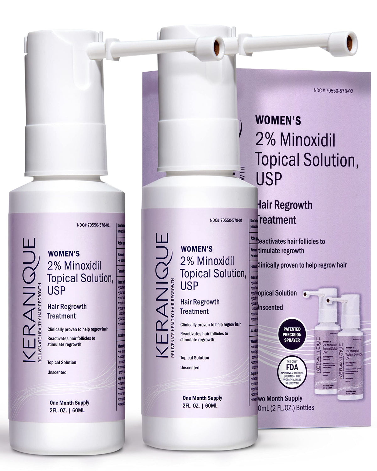 Keranique front packaging showing bottle and label, supports targeted regrowth