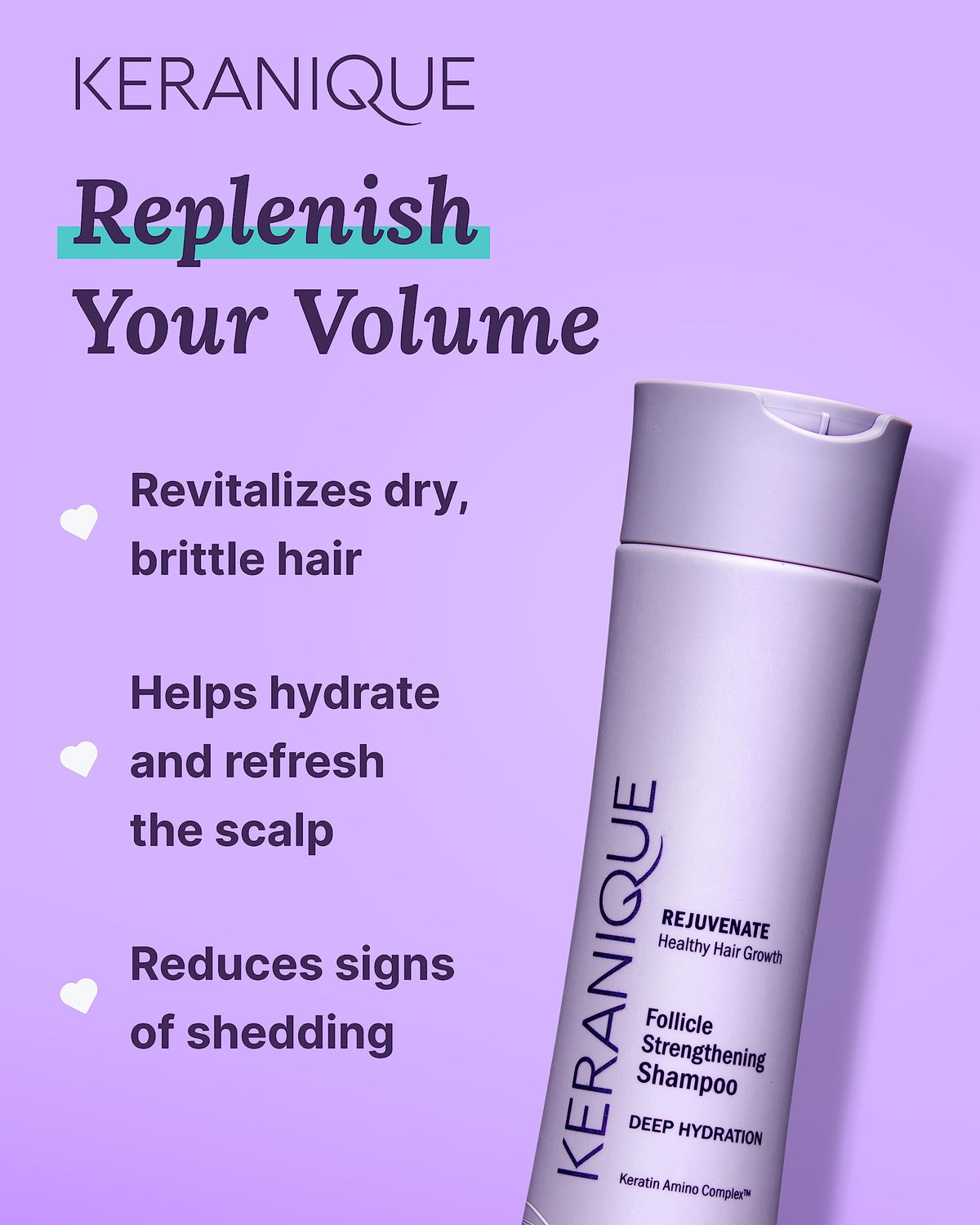 Keranique botanicals and ingredients display conveying natural antioxidants and moisture