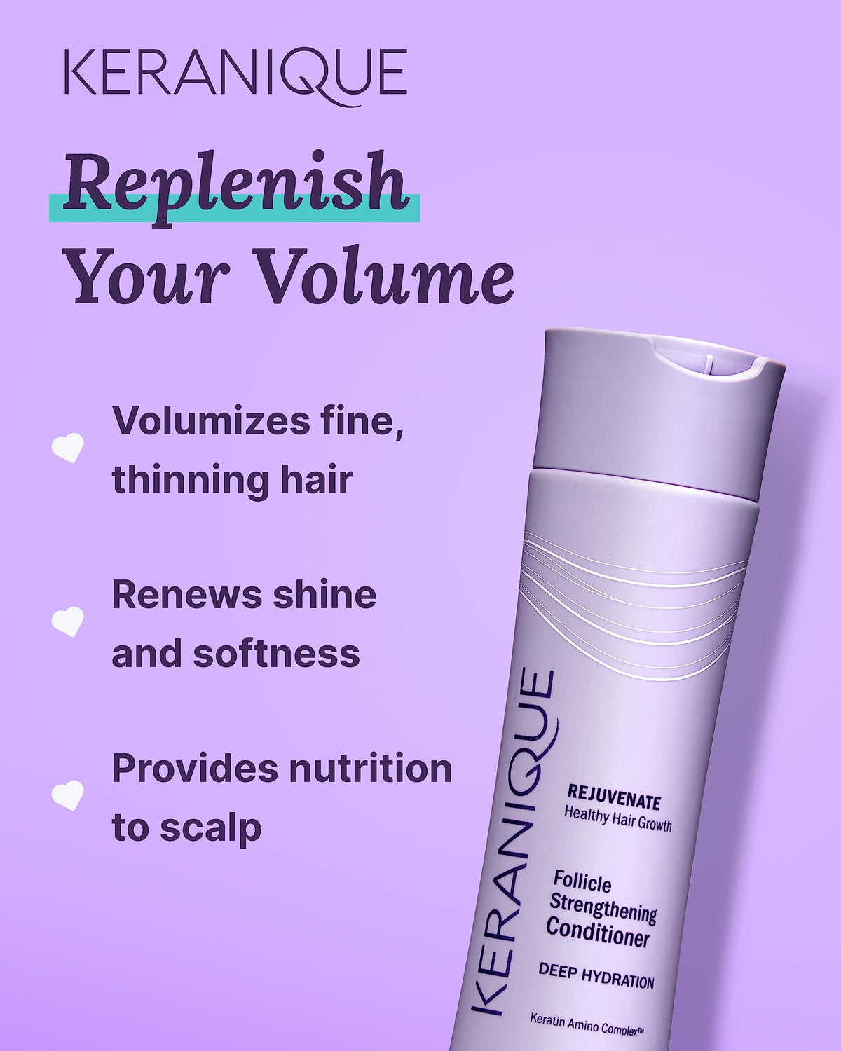 Keranique label ingredients detail showing keratin complex benefit