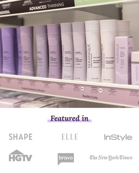 Keranique on bathroom shelf lifestyle shot suggesting daily self-care