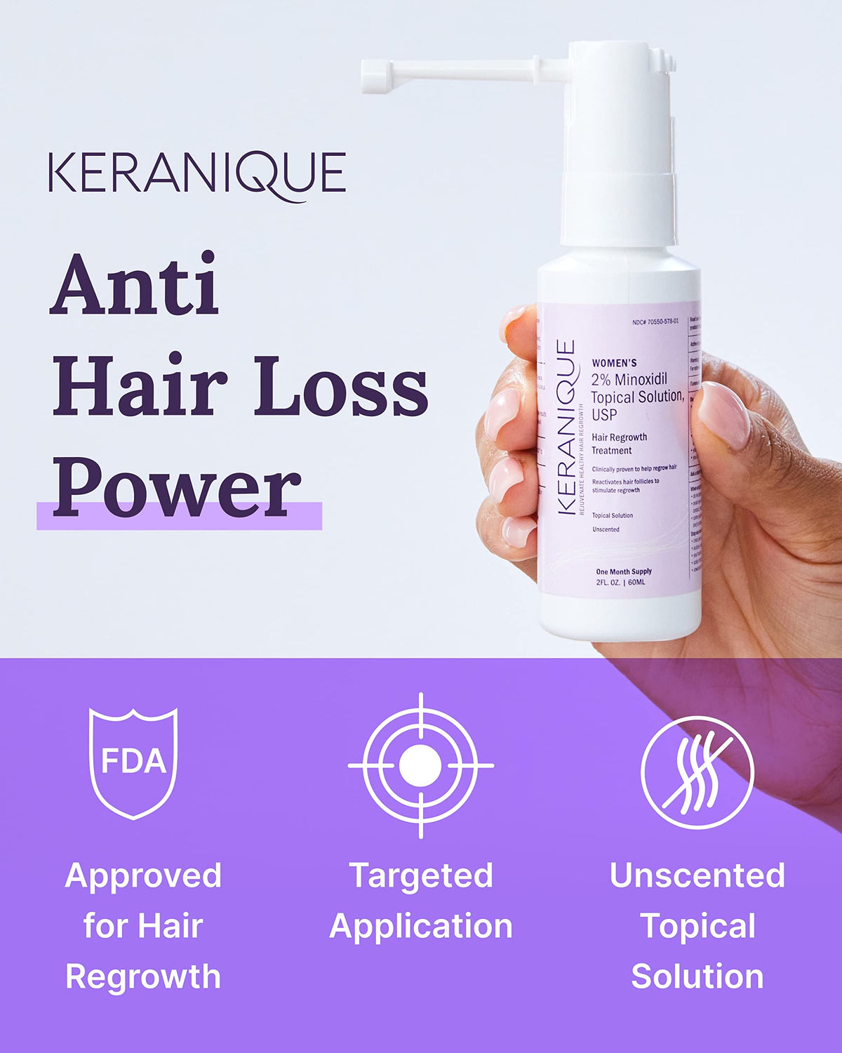 Keranique precision sprayer nozzle close-up for targeted scalp application benefit