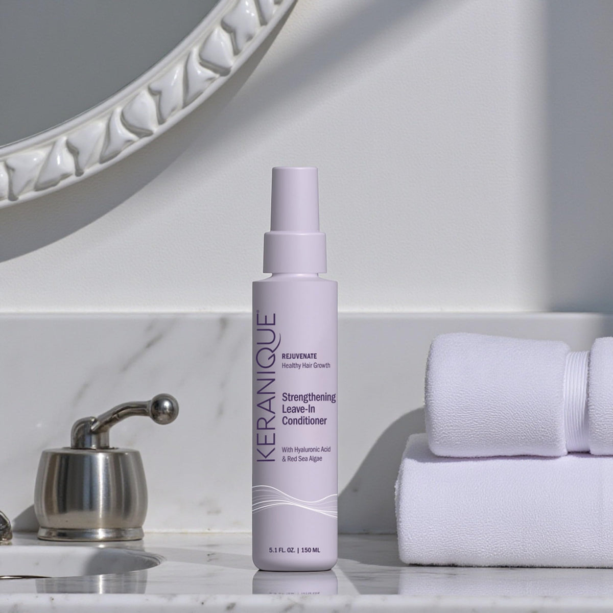 Keranique spray on bathroom shelf suggesting daily routine integration and convenience