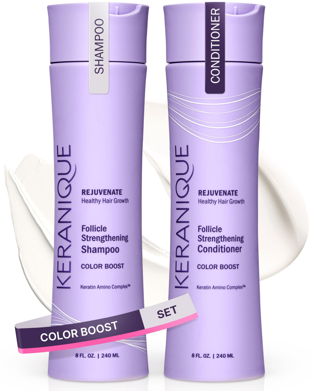 Keranique front packaging showing color-boost set and salon-ready benefit