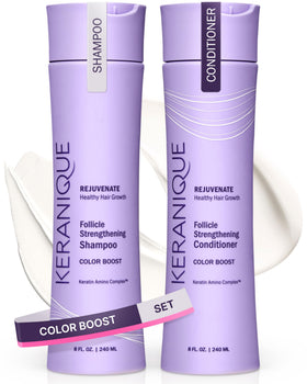 Keranique front packaging showing color-boost set and salon-ready benefit