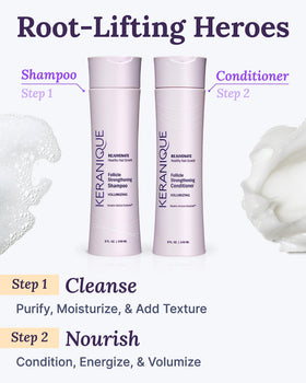 Keranique set on bathroom shelf evoking an easy at-home volumizing ritual