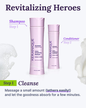 Keranique shampoo in shower setting suggesting everyday use and scalp refreshment