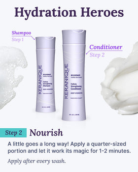 Keranique 8oz size scale next to hand indicating travel-friendly volume
