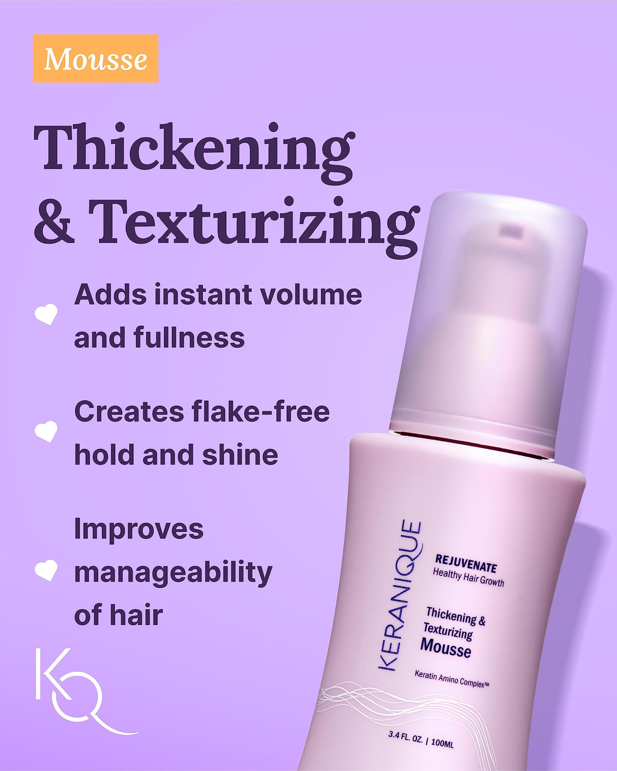 Keranique thickening mousse dispenser shot showing foam texture and heat protection