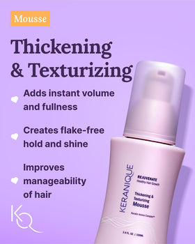 Keranique thickening mousse dispenser shot showing foam texture and heat protection