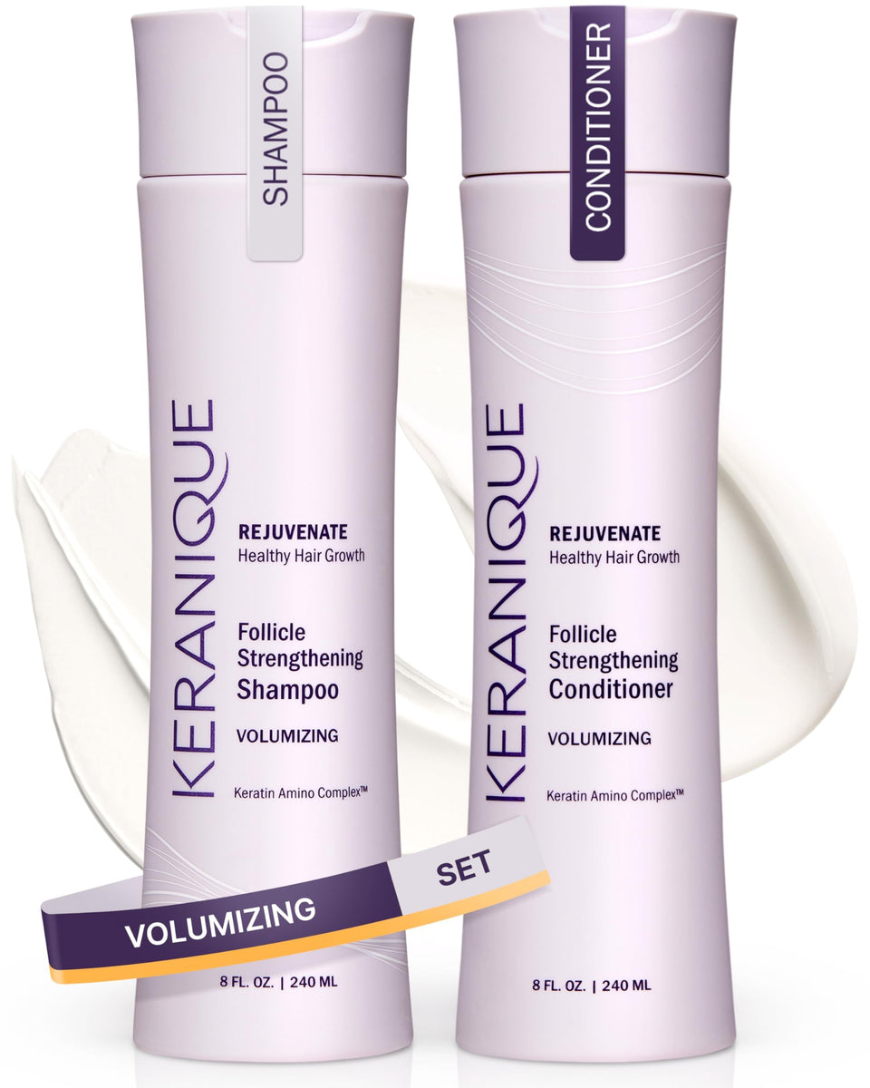 Keranique front packaging showing volumizing shampoo and conditioner benefits