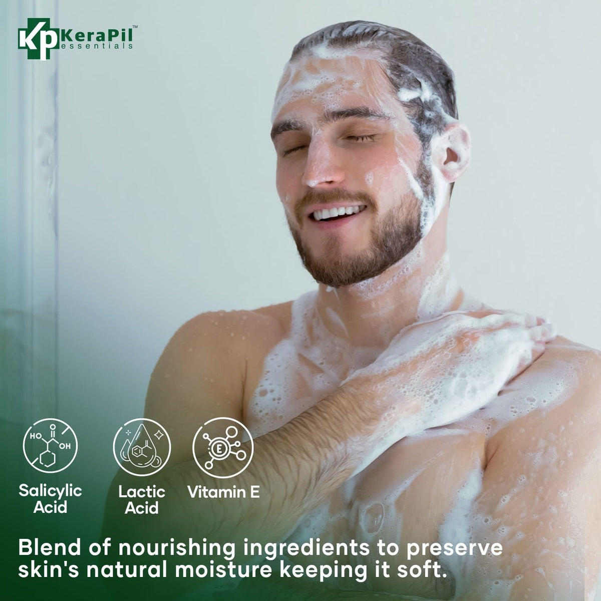 KERAPIL bottle in shower scene, supports post-workout freshness