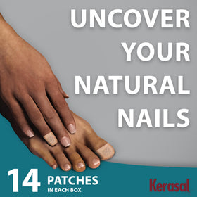 Kerasal patch on bedside table ready for nighttime application and convenience