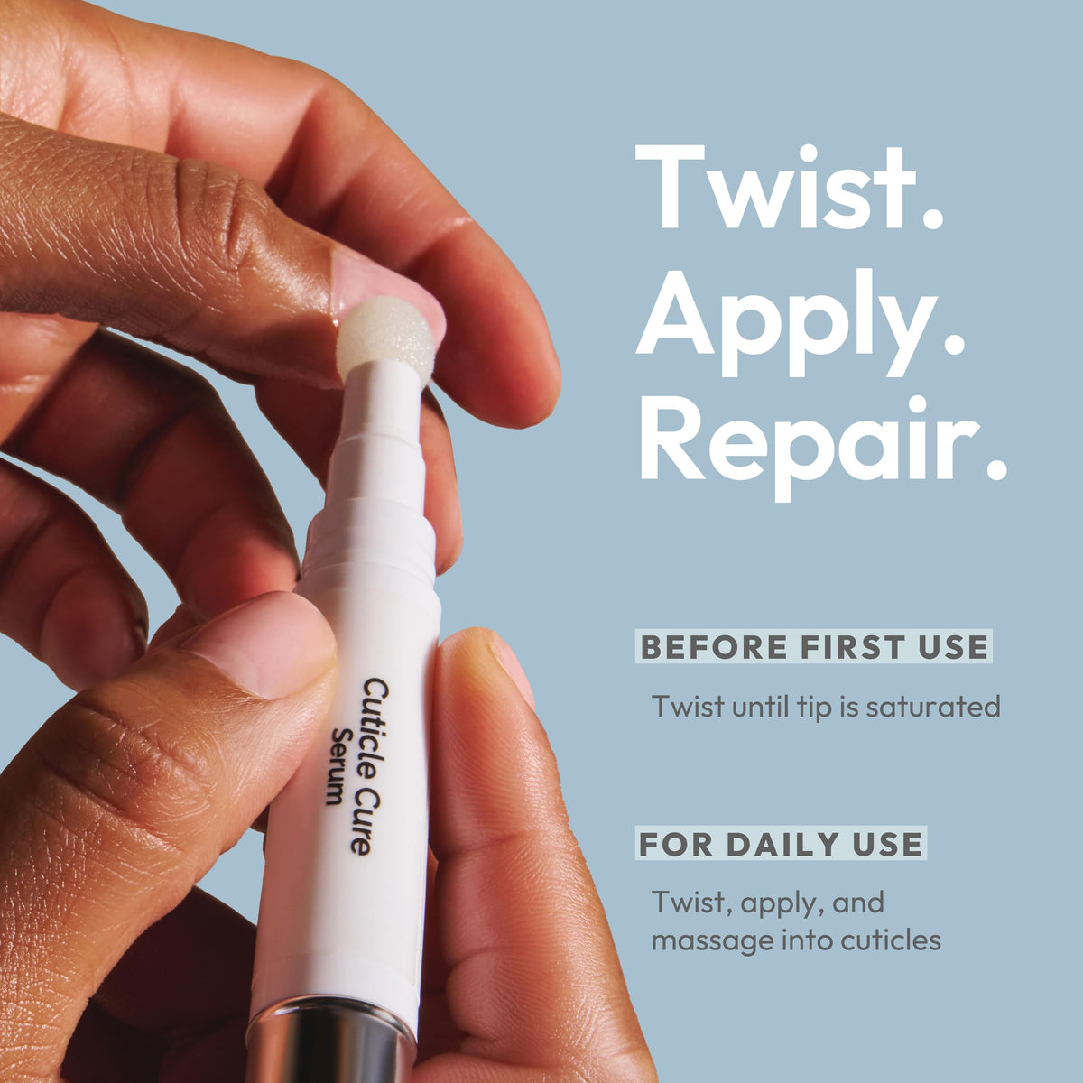 Kerasal pen next to fingers showing compact travel-friendly size